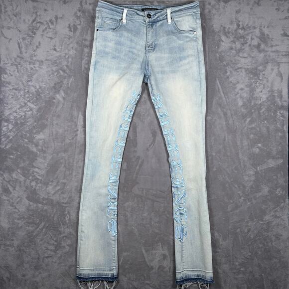 Pheelings Men’s 34 Light Wash Embroidered Denim Jeans Raw Hem - Picture 1 of 12